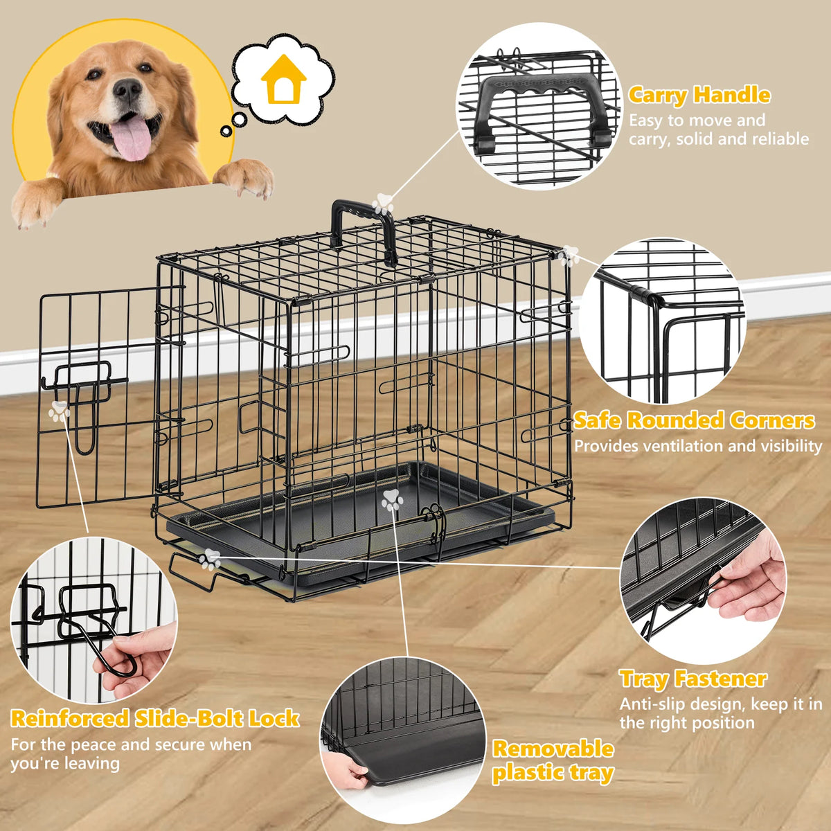 18 Inch Single Door Dog Crate Metal Pet Kennel with Secure Lock Foldable Removable Tray for Easy Cleaning Portable Puppy Cage for Small Dogs