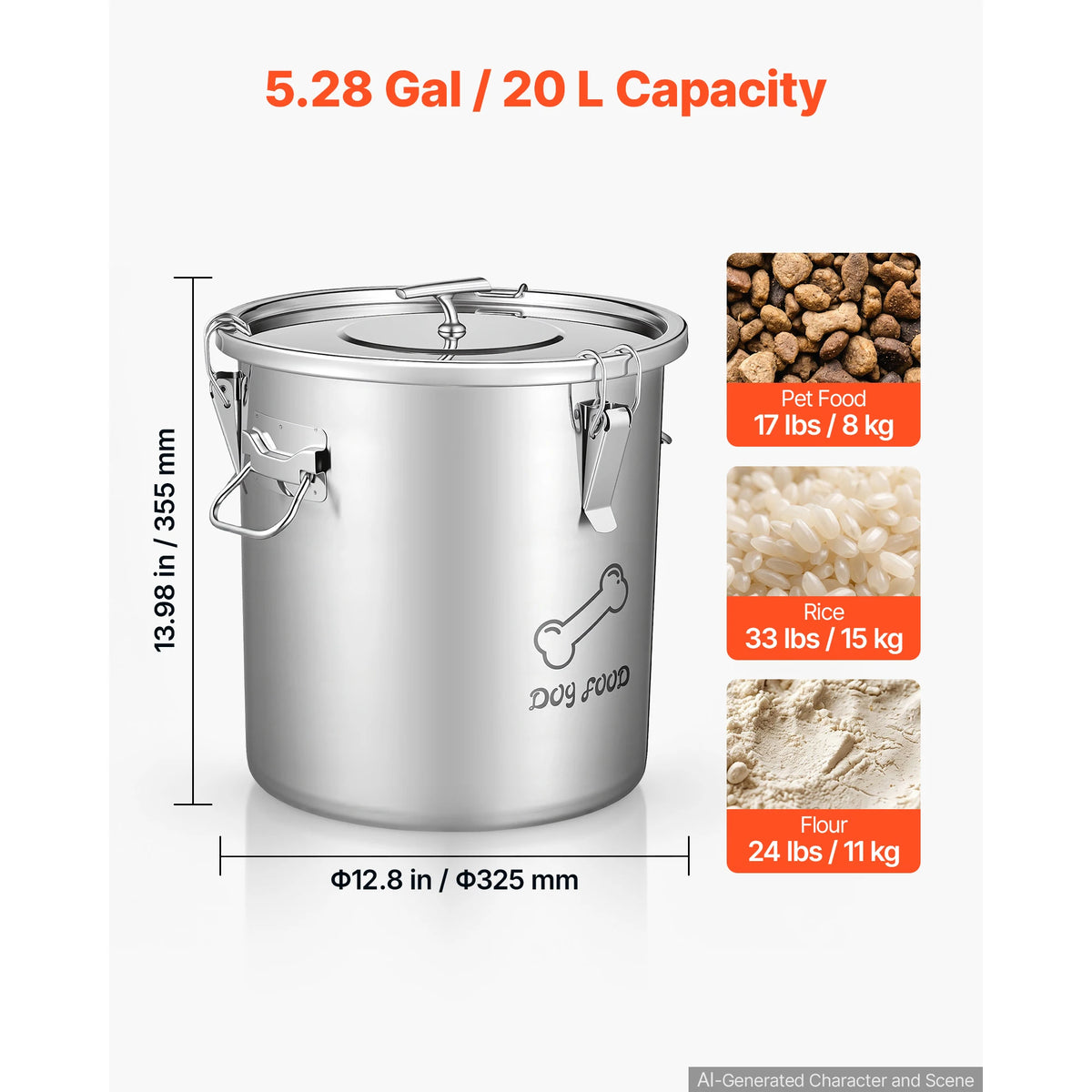SucceBuy Stainless Steel Dog Food Storage Container 17 lbs/30 lbs 20 L/35L Bin Airtight Lid & Dual Handles for Dogs & Cats Food