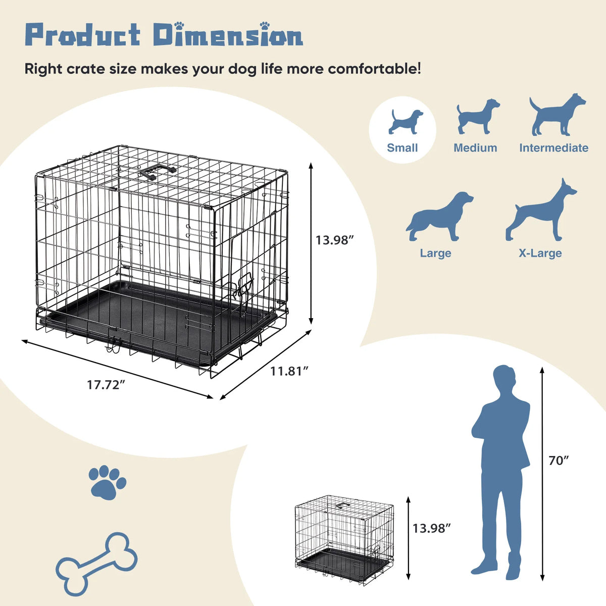 18 Inch Single Door Dog Crate Metal Pet Kennel with Secure Lock Foldable Removable Tray for Easy Cleaning Portable Puppy Cage for Small Dogs
