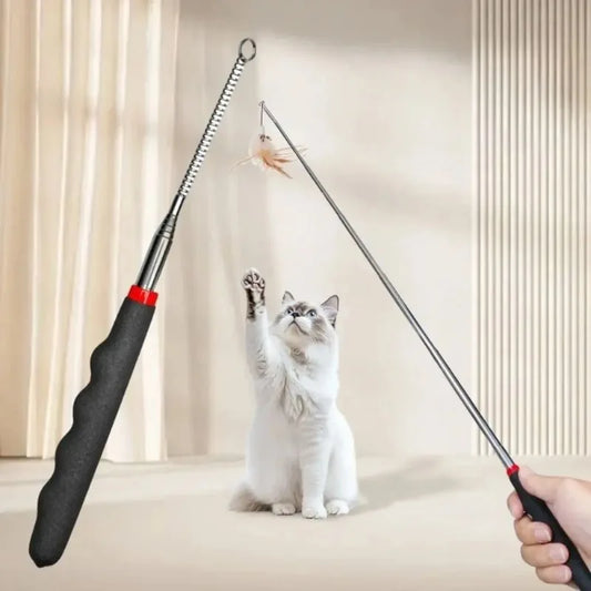 Durable Metal Retractable Cat Teaser Wand Plastic Long Interactive Stick Pet Cat Playing Toy